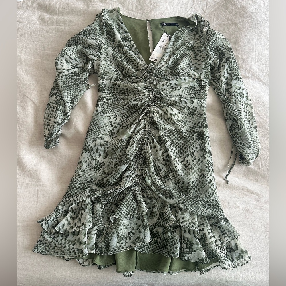 Zara Olive Patterned Ruffle Dress